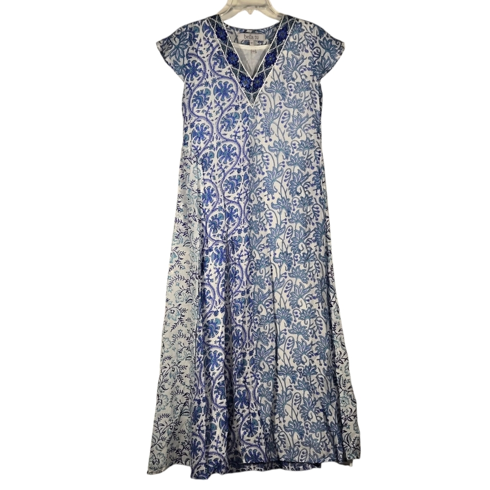 Bella Tu Blue White Block Print V-Neck Cap Sleeve Midi Dress Pockets XS